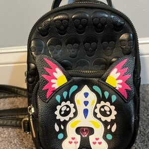 Betsey Johnson Leather Black Skulls Floral Lined Mini Backpack Colorful Dog.
